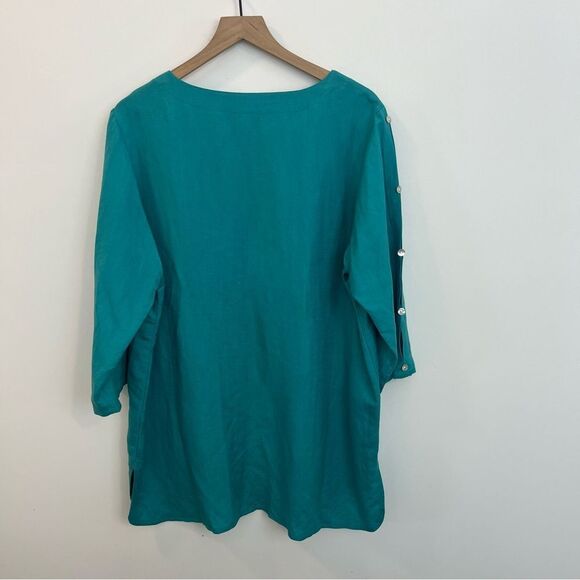 Toofan teal linen 1X blouse with buttons down arm - Picture 4 of 14